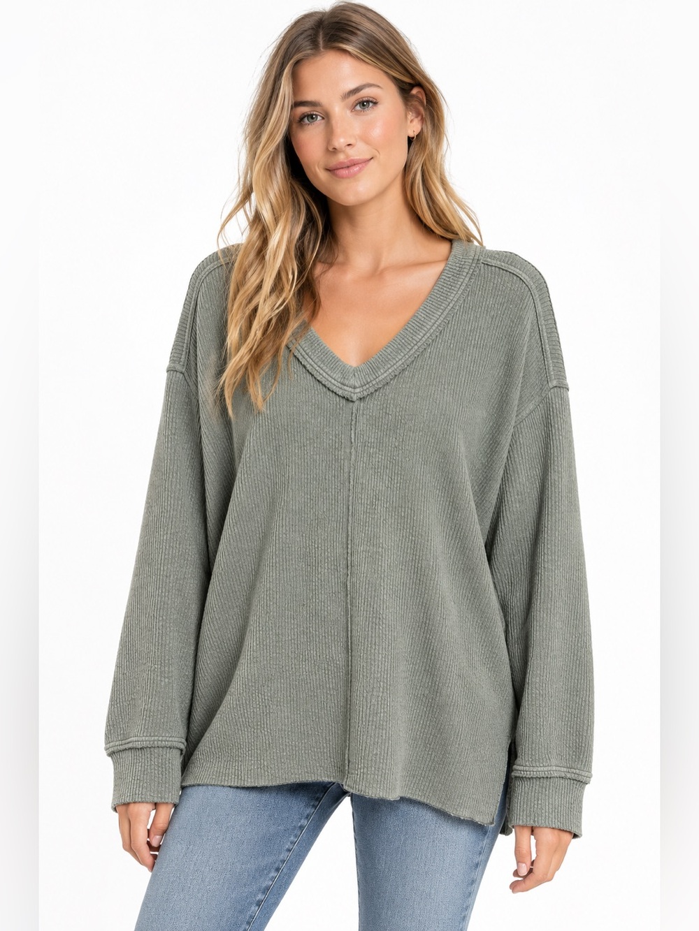 AERIE - Waffle Knit V-Neck Sweater in Sage